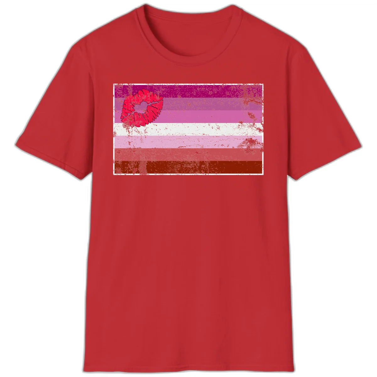 Red lipstick kiss mark overlaying horizontal striped pride flag with distressed grunge texture in Red