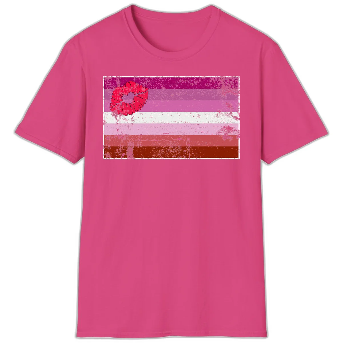 Red lipstick kiss mark overlaying horizontal striped pride flag with distressed grunge texture in Heliconia