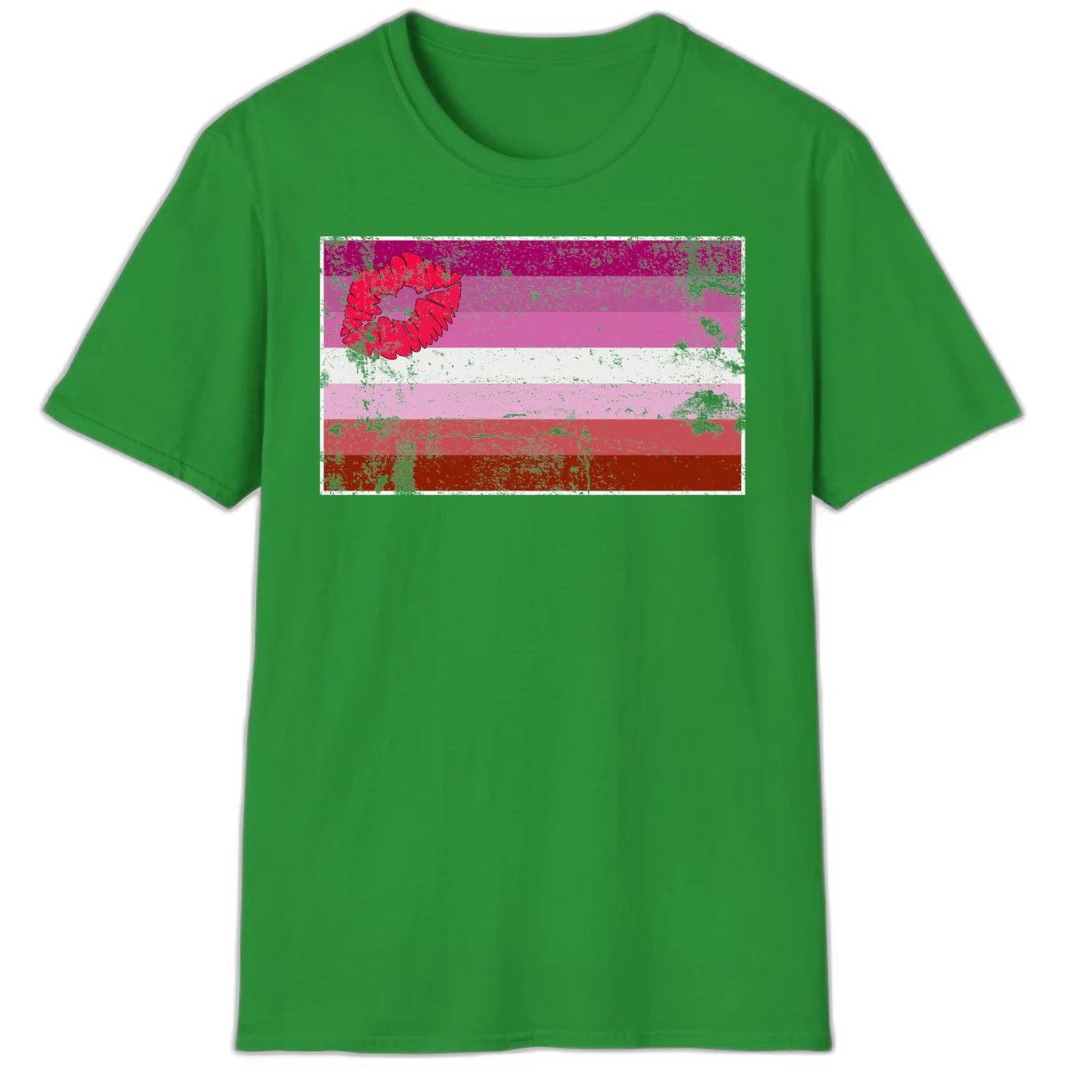 Red lipstick kiss mark overlaying horizontal striped pride flag with distressed grunge texture in Irish Green