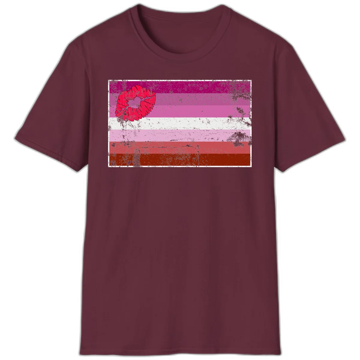Red lipstick kiss mark overlaying horizontal striped pride flag with distressed grunge texture in Maroon