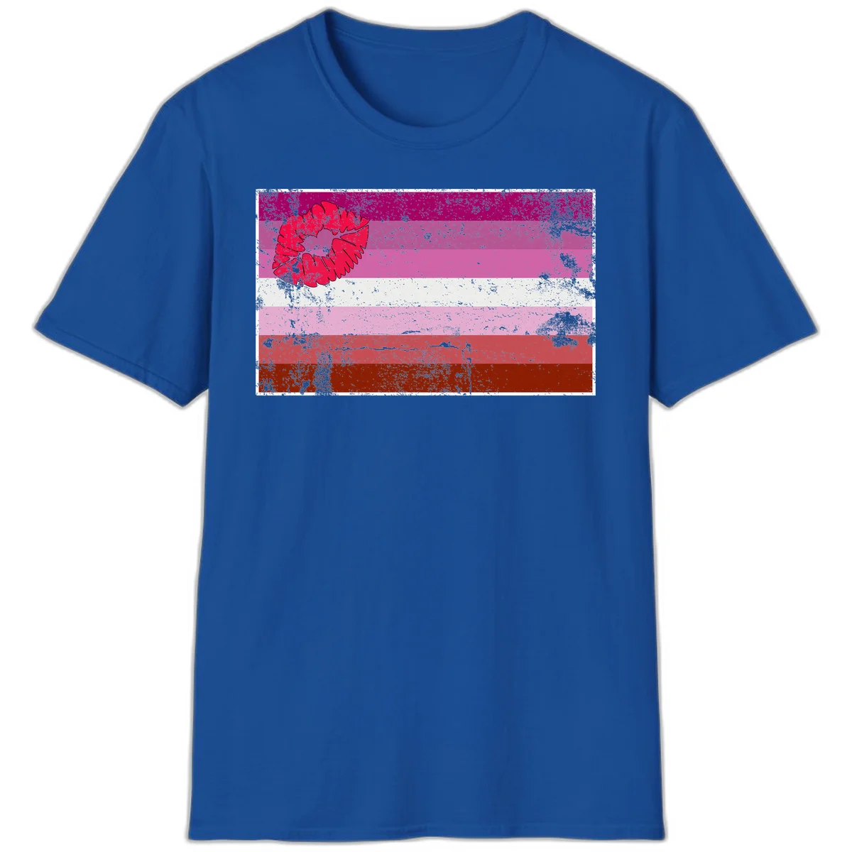 Red lipstick kiss mark overlaying horizontal striped pride flag with distressed grunge texture in Royal