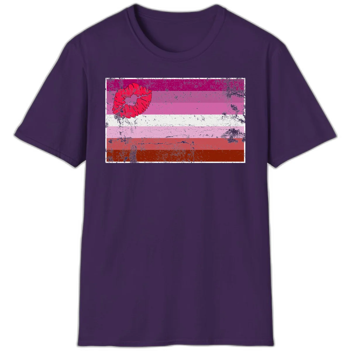 Red lipstick kiss mark overlaying horizontal striped pride flag with distressed grunge texture in Purple
