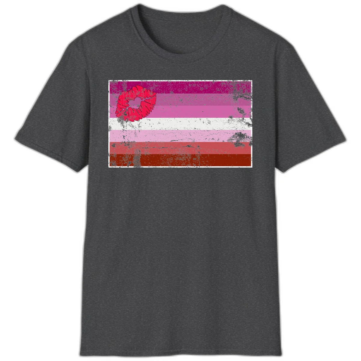 Red lipstick kiss mark overlaying horizontal striped pride flag with distressed grunge texture in Dark Heather