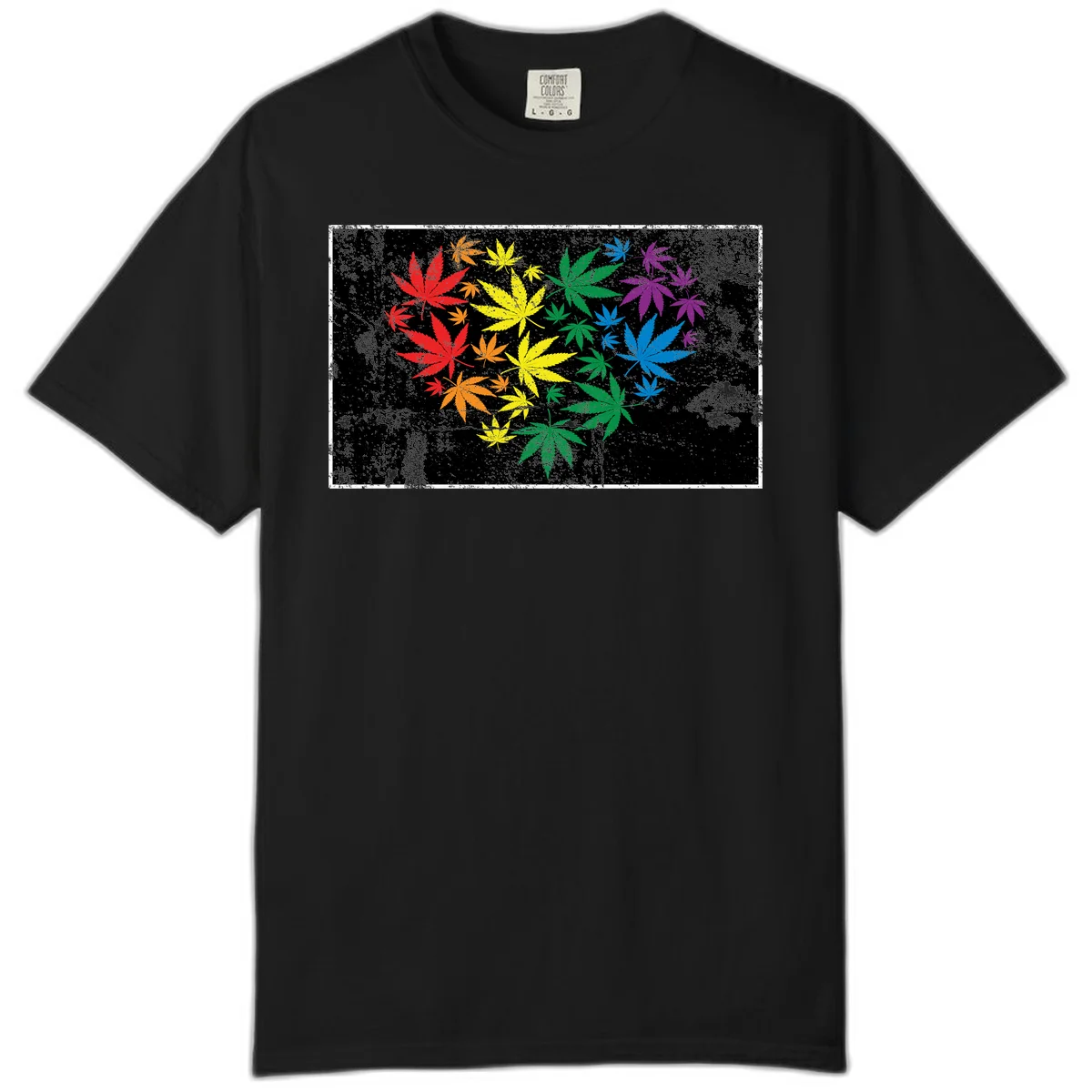 Rainbow cannabis leaves in red, orange, yellow, green, blue, and purple arranged on distressed black background in Black