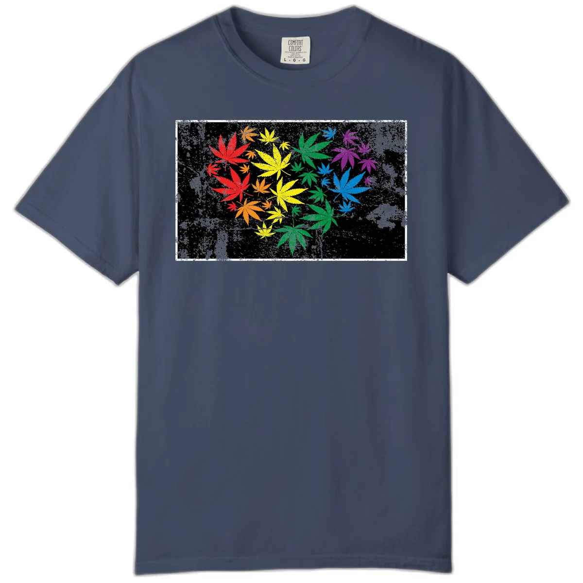 Rainbow cannabis leaves in red, orange, yellow, green, blue, and purple arranged on distressed black background in Midnight