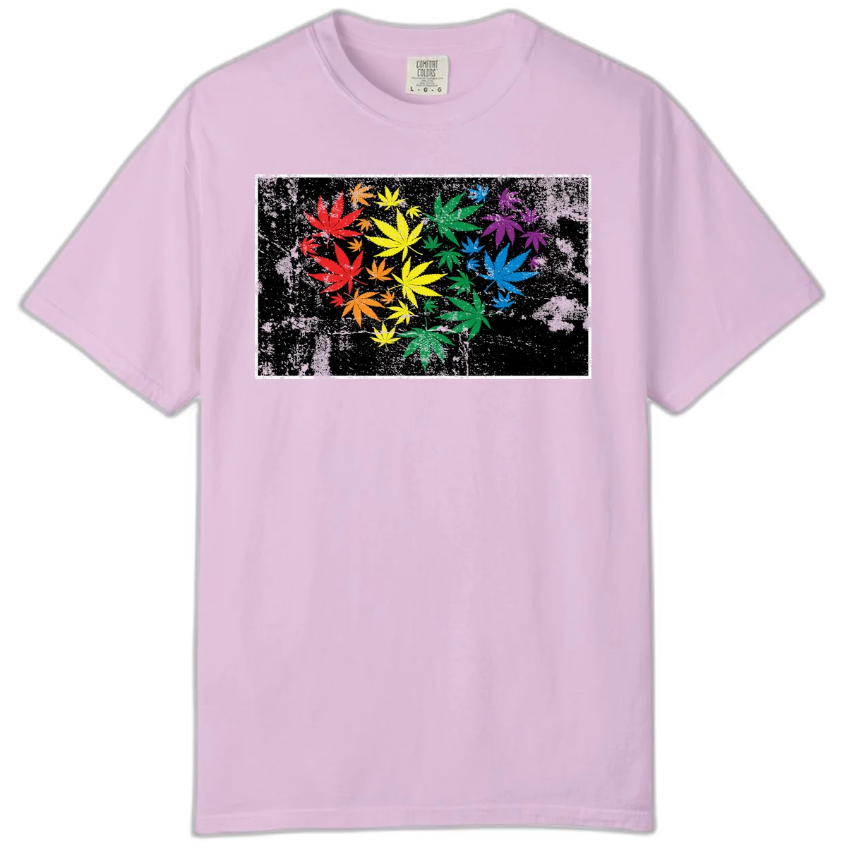 Rainbow cannabis leaves in red, orange, yellow, green, blue, and purple arranged on distressed black background in Orchid