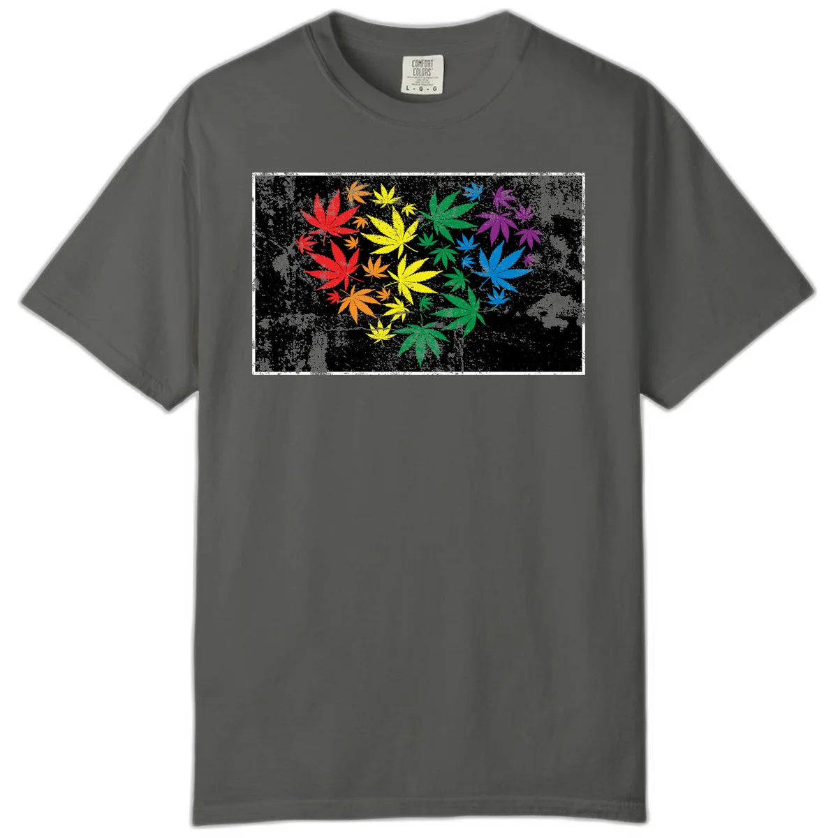 Rainbow cannabis leaves in red, orange, yellow, green, blue, and purple arranged on distressed black background in Pepper