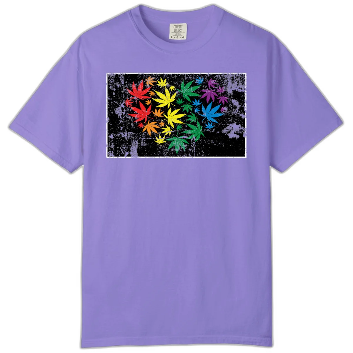 Rainbow cannabis leaves in red, orange, yellow, green, blue, and purple arranged on distressed black background in Violet