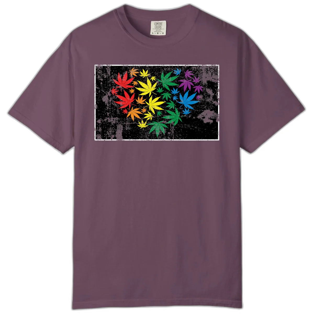 Rainbow cannabis leaves in red, orange, yellow, green, blue, and purple arranged on distressed black background in Berry