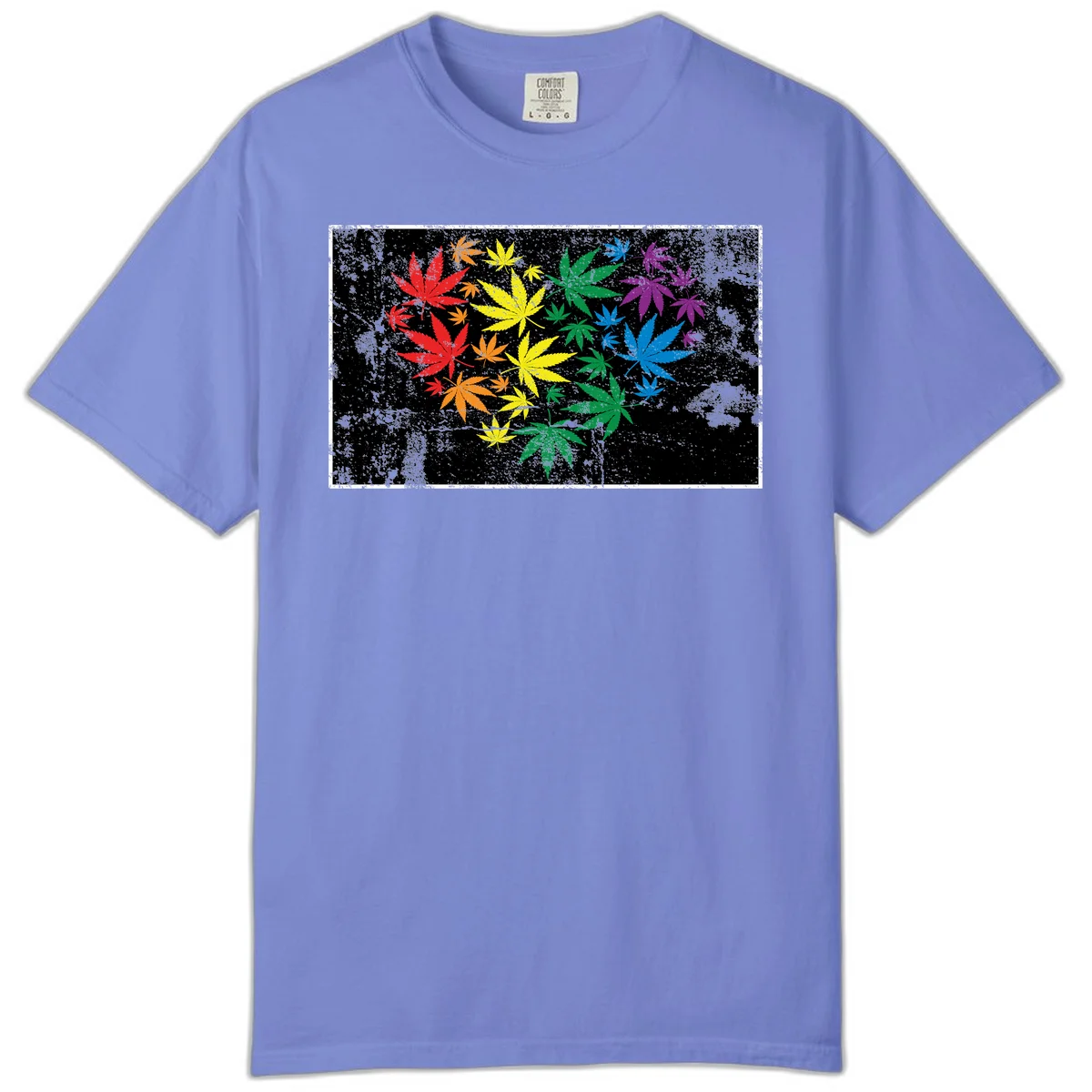 Rainbow cannabis leaves in red, orange, yellow, green, blue, and purple arranged on distressed black background in Flo Blue