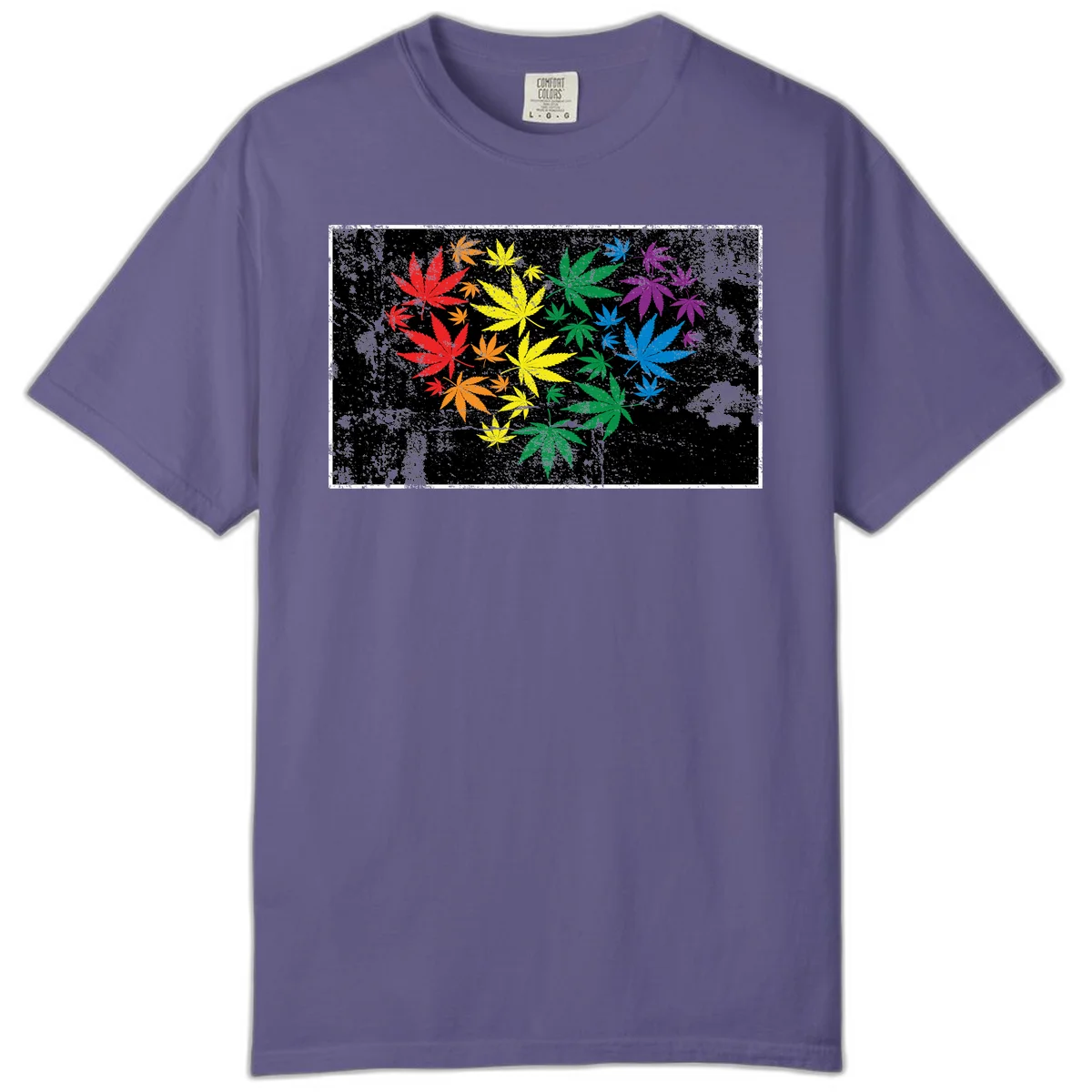 Rainbow cannabis leaves in red, orange, yellow, green, blue, and purple arranged on distressed black background in Grape