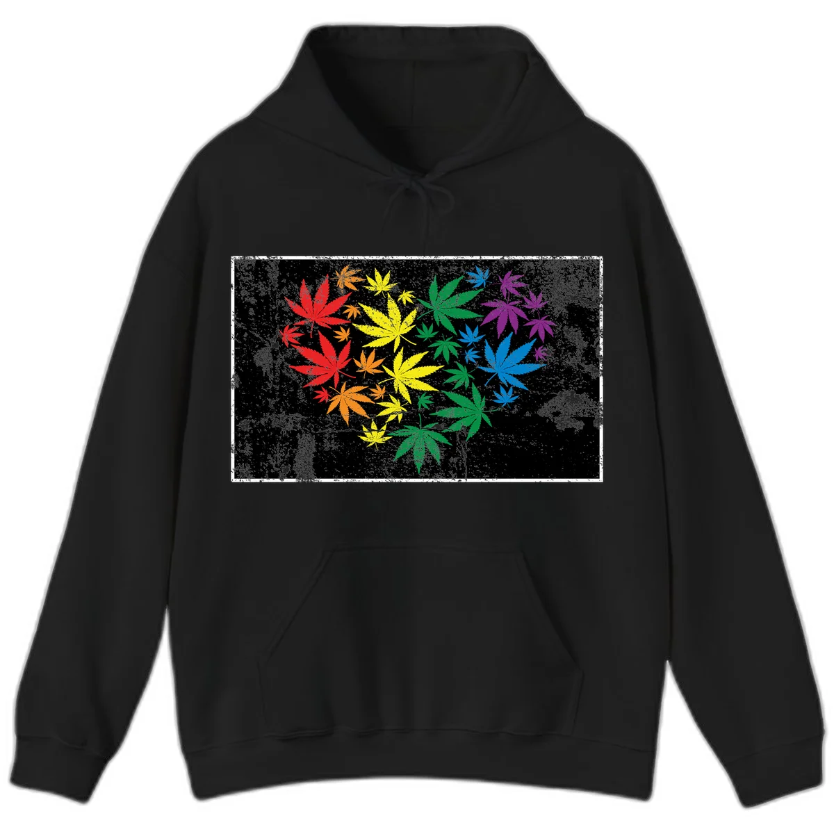 Rainbow cannabis leaves in red, orange, yellow, green, blue, and purple arranged on distressed black background in Black
