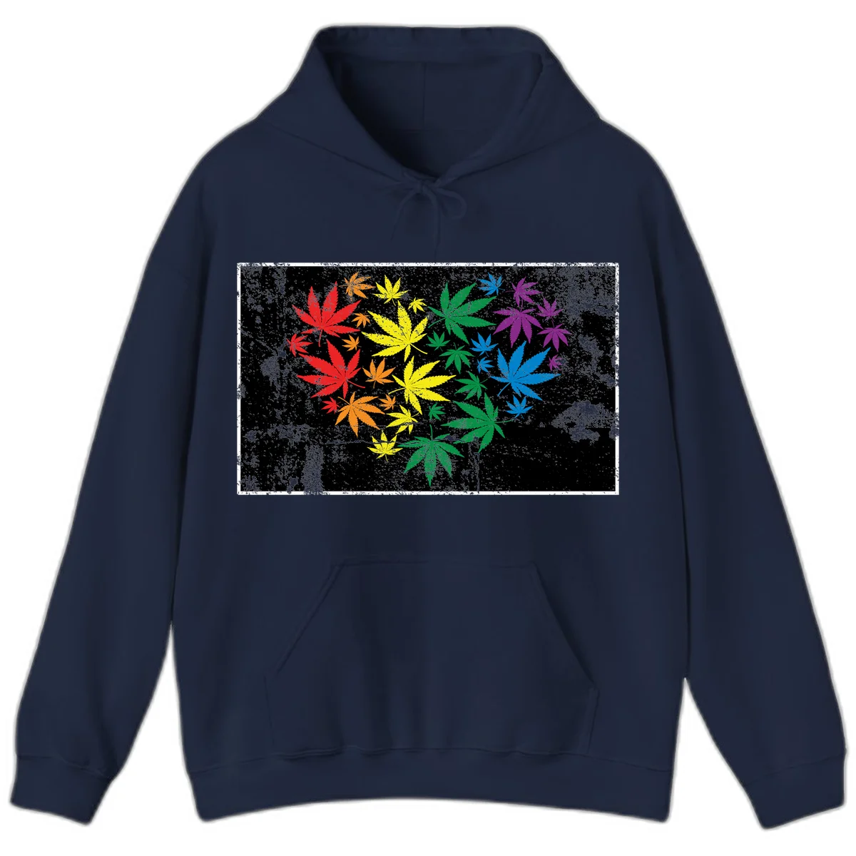 Rainbow cannabis leaves in red, orange, yellow, green, blue, and purple arranged on distressed black background in Navy