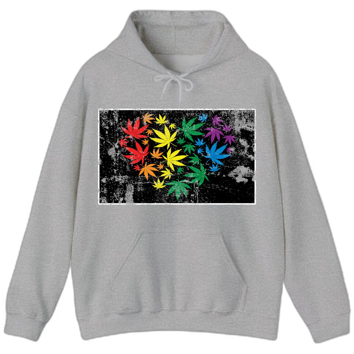 Rainbow cannabis leaves in red, orange, yellow, green, blue, and purple arranged on distressed black background in Sport Grey