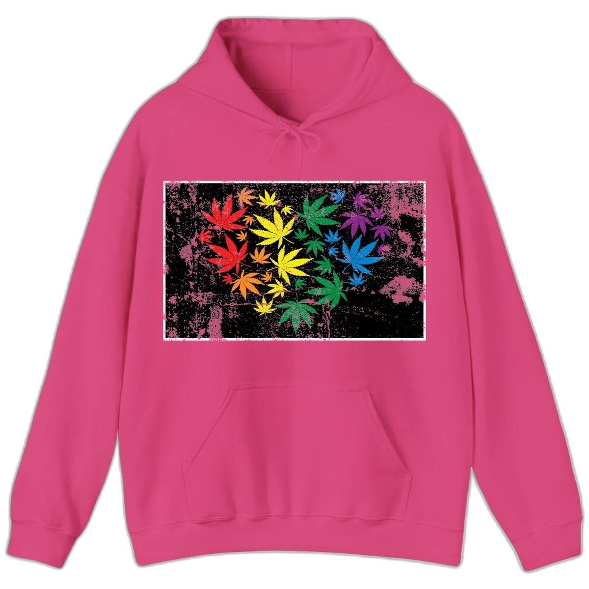 Rainbow cannabis leaves in red, orange, yellow, green, blue, and purple arranged on distressed black background in Heliconia