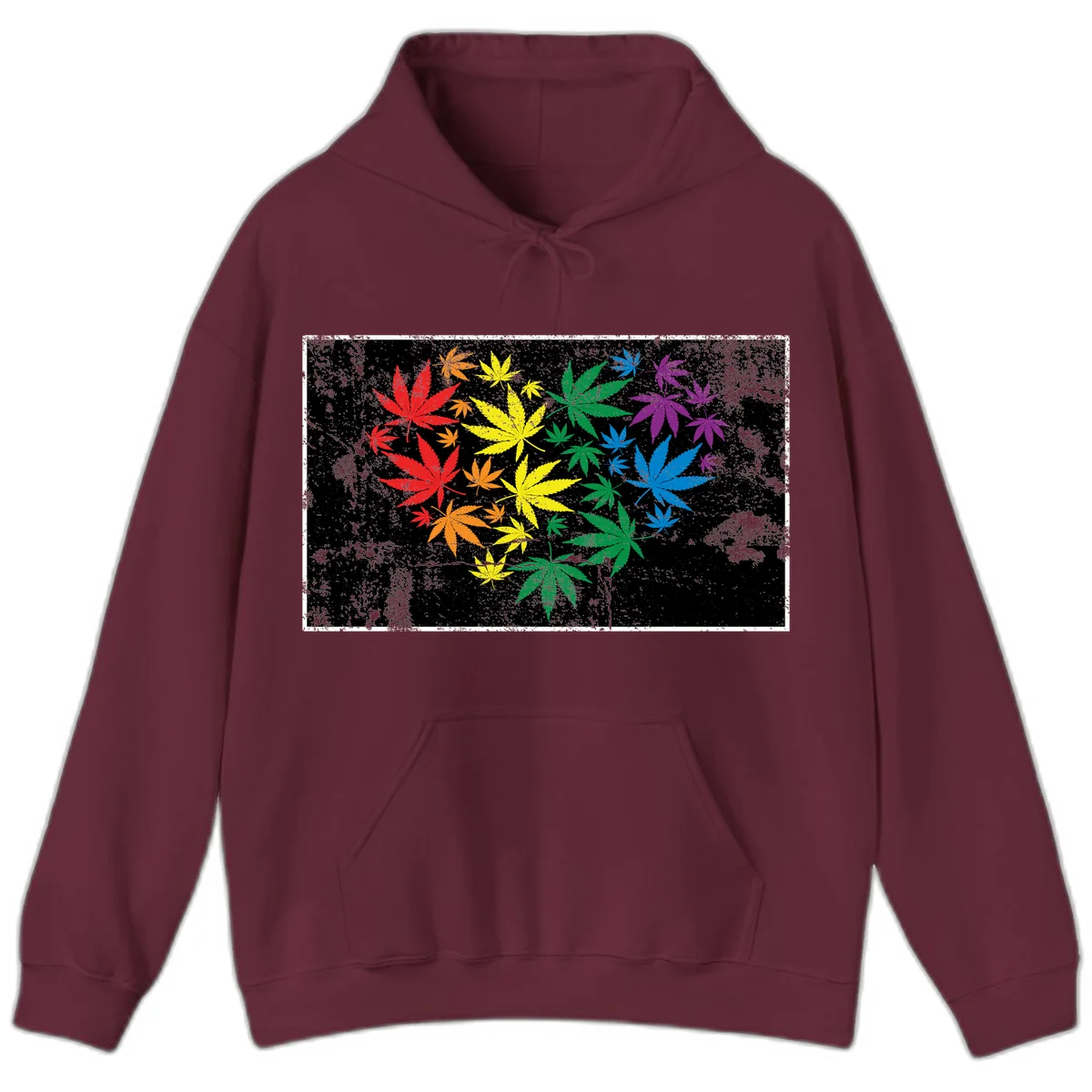 Rainbow cannabis leaves in red, orange, yellow, green, blue, and purple arranged on distressed black background in Maroon