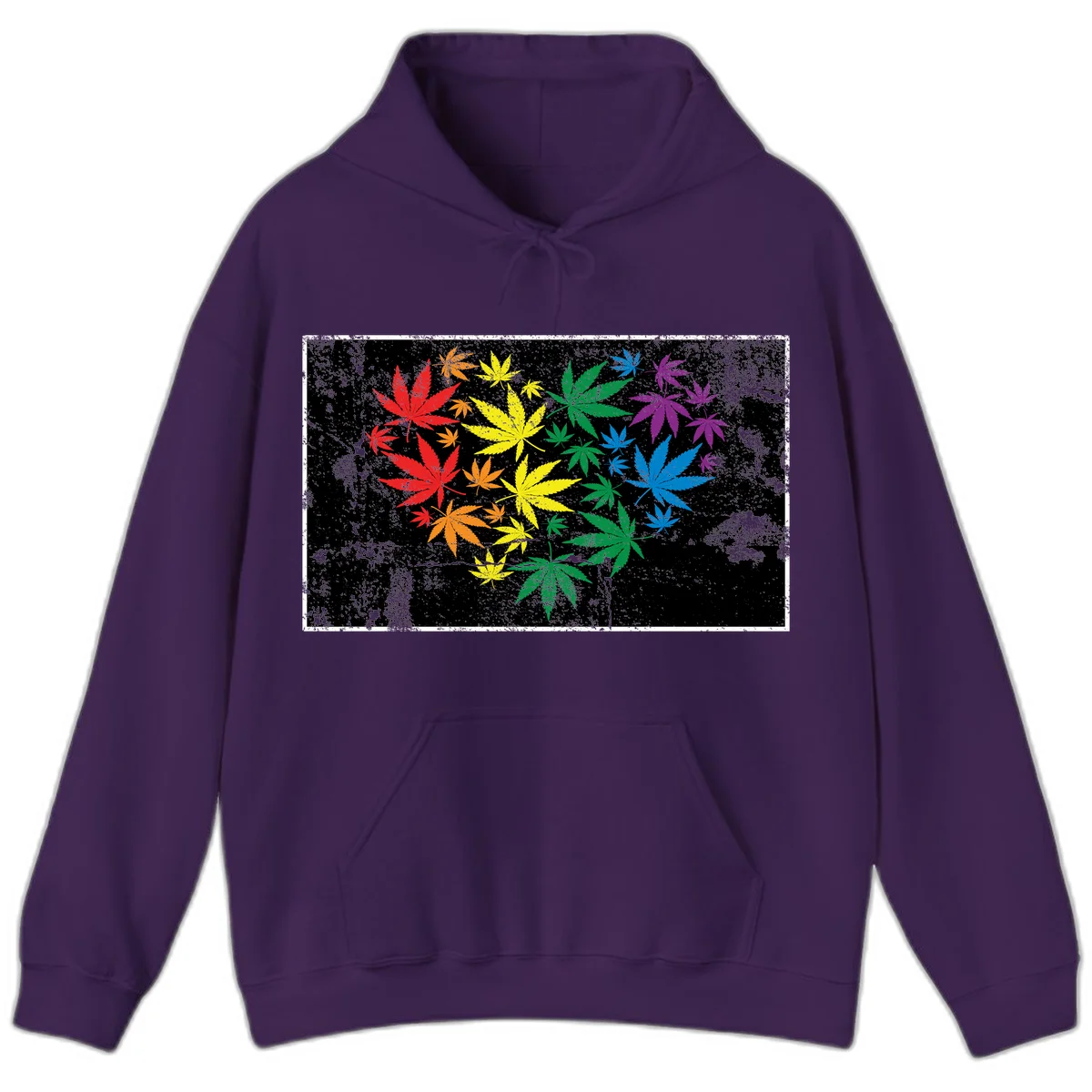 Rainbow cannabis leaves in red, orange, yellow, green, blue, and purple arranged on distressed black background in Purple