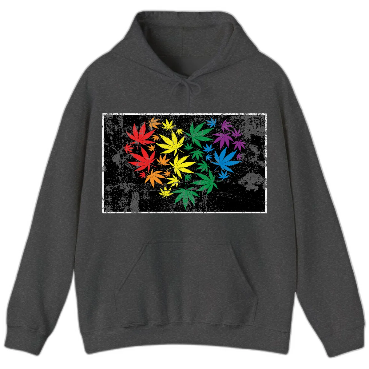 Rainbow cannabis leaves in red, orange, yellow, green, blue, and purple arranged on distressed black background in Dark Heather