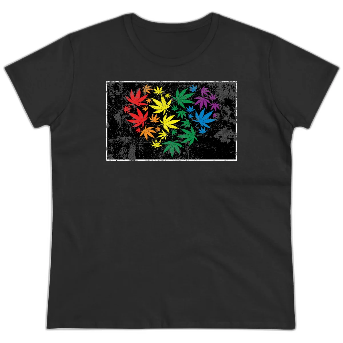 Rainbow cannabis leaves in red, orange, yellow, green, blue, and purple arranged on distressed black background in Black