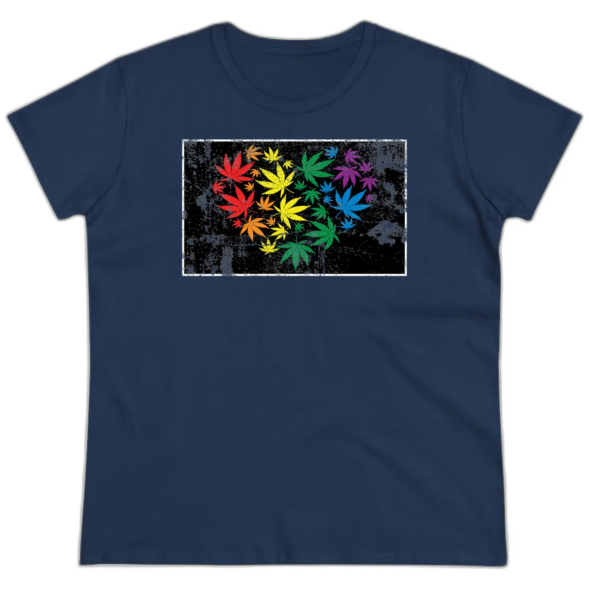Rainbow cannabis leaves in red, orange, yellow, green, blue, and purple arranged on distressed black background in Navy