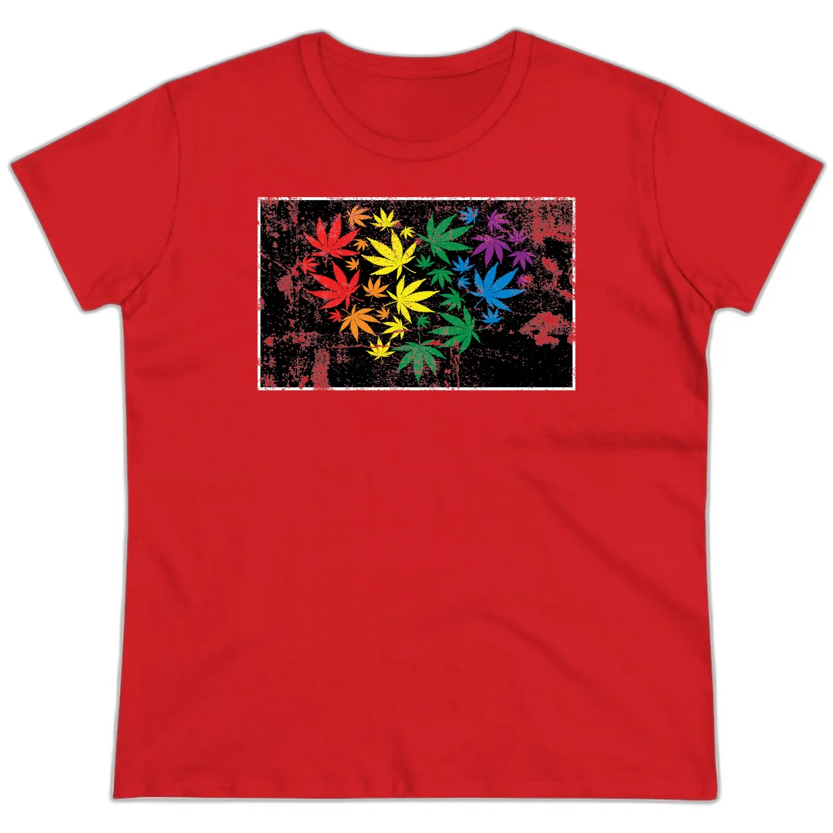 Rainbow cannabis leaves in red, orange, yellow, green, blue, and purple arranged on distressed black background in Red