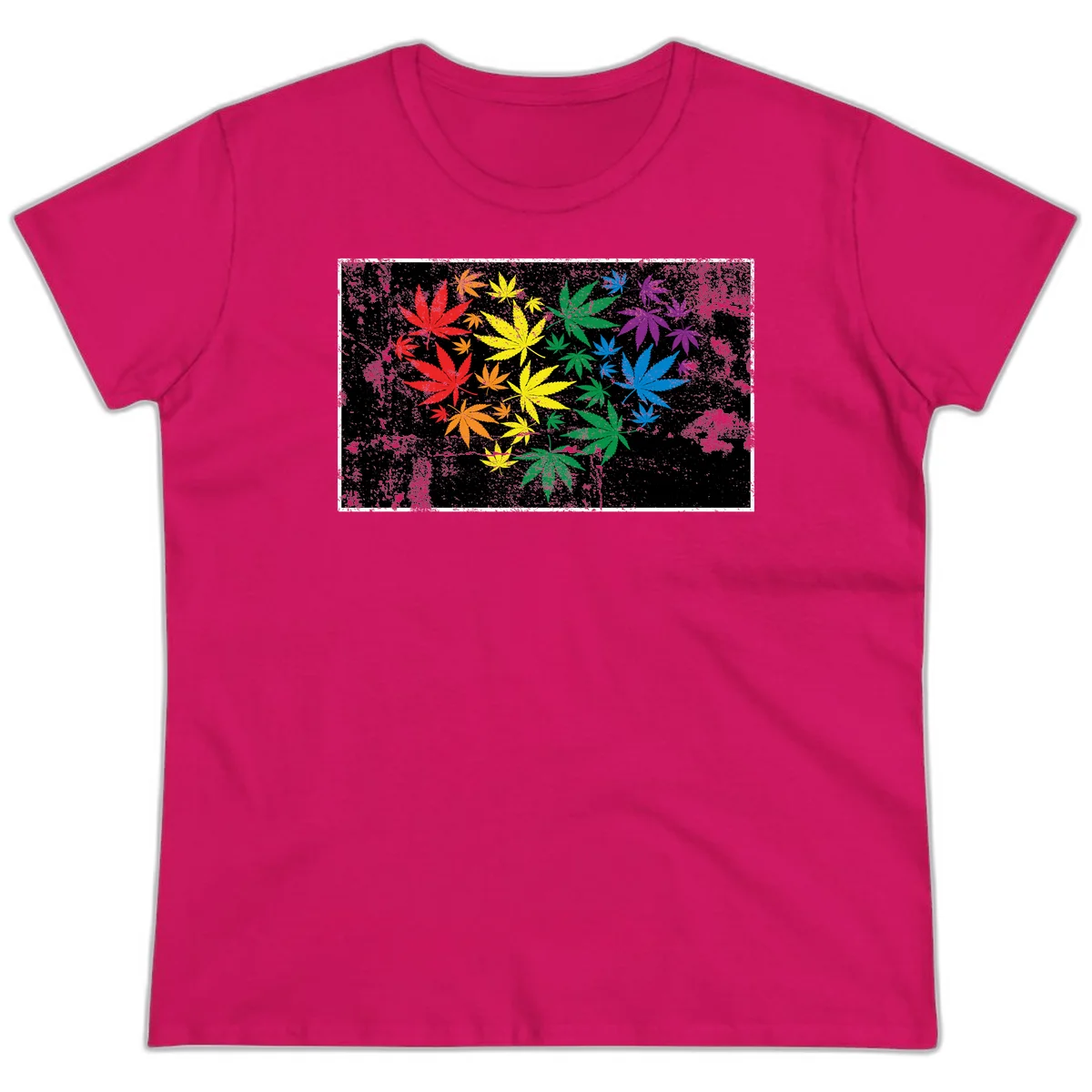 Rainbow cannabis leaves in red, orange, yellow, green, blue, and purple arranged on distressed black background in Heliconia