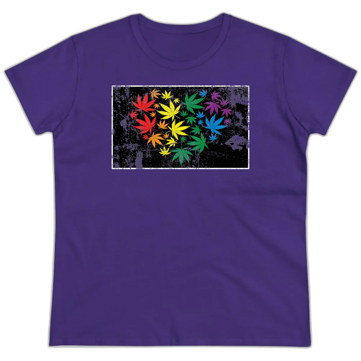 Rainbow cannabis leaves in red, orange, yellow, green, blue, and purple arranged on distressed black background in Purple