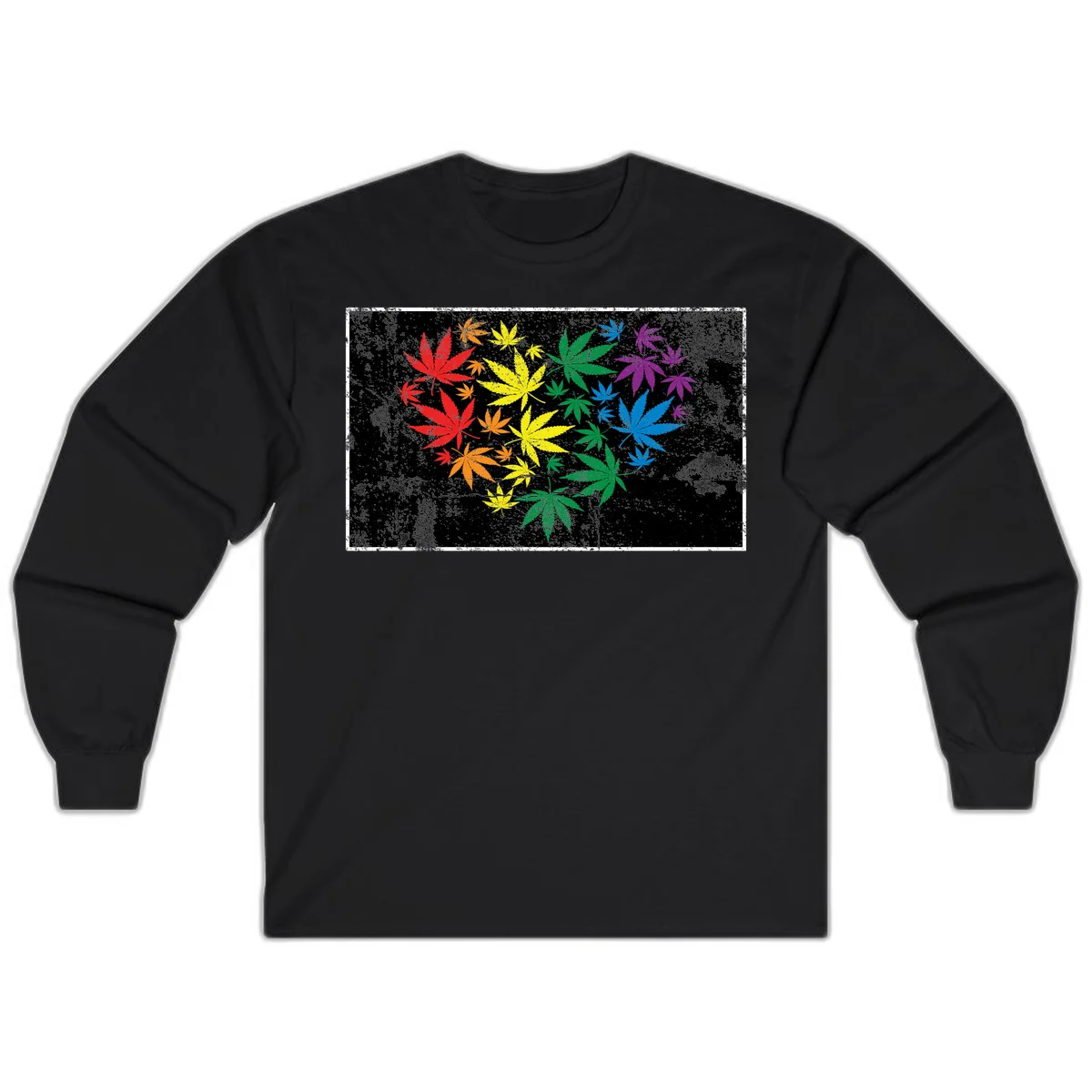 Rainbow cannabis leaves in red, orange, yellow, green, blue, and purple arranged on distressed black background in Black