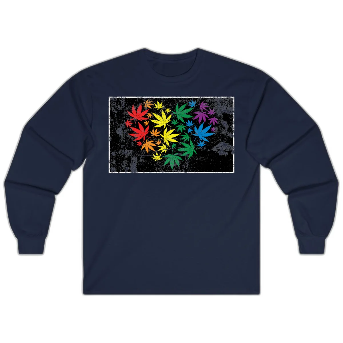 Rainbow cannabis leaves in red, orange, yellow, green, blue, and purple arranged on distressed black background in Navy