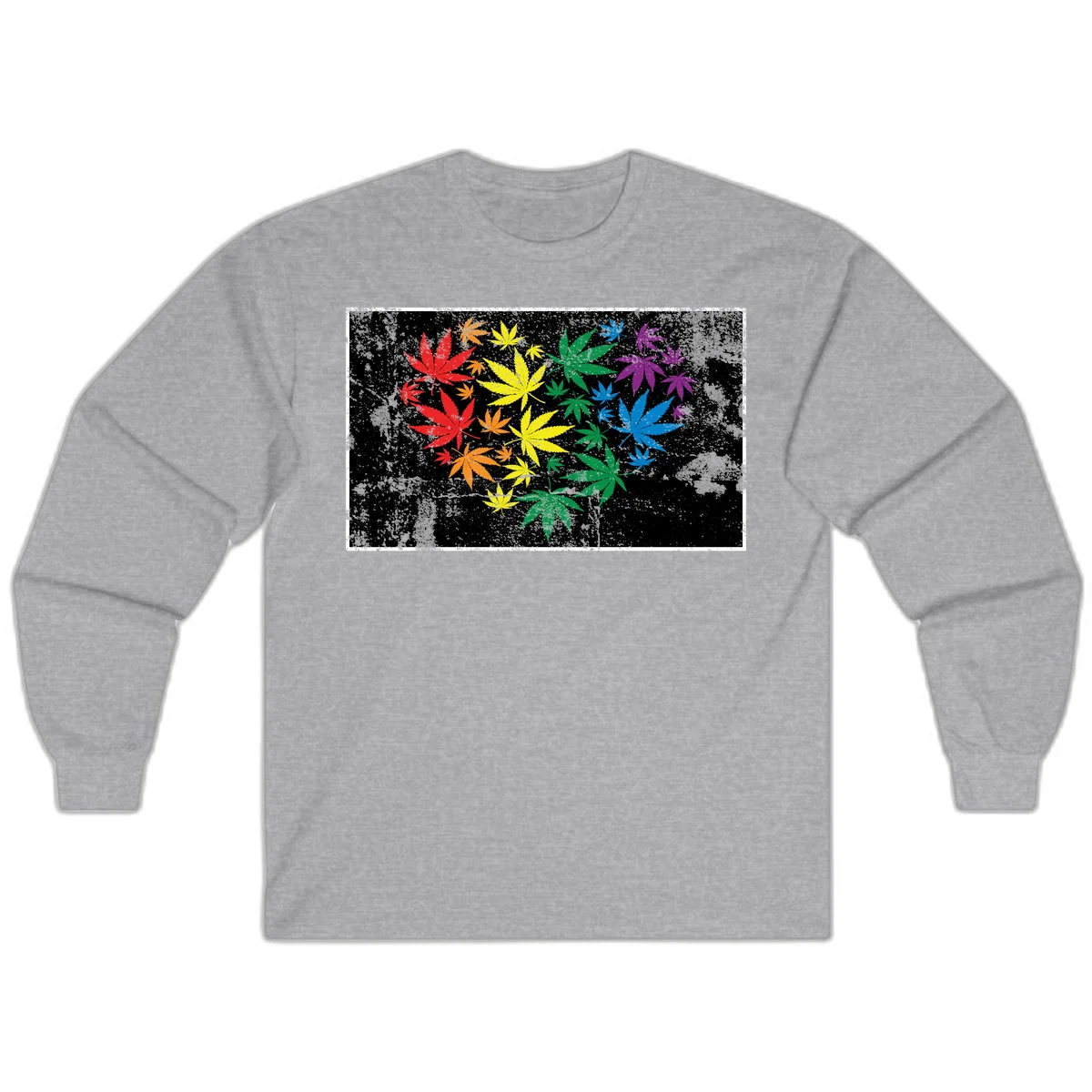 Rainbow cannabis leaves in red, orange, yellow, green, blue, and purple arranged on distressed black background in Sport Grey