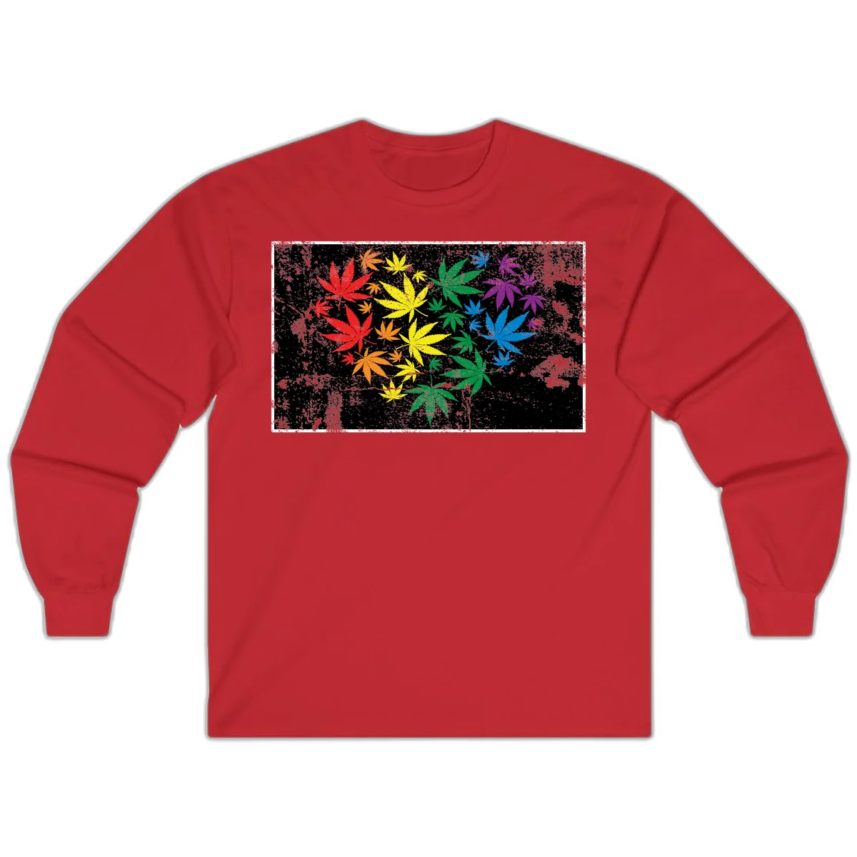 Rainbow cannabis leaves in red, orange, yellow, green, blue, and purple arranged on distressed black background in Red