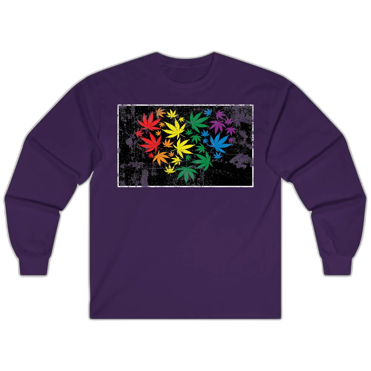 Rainbow cannabis leaves in red, orange, yellow, green, blue, and purple arranged on distressed black background in Purple