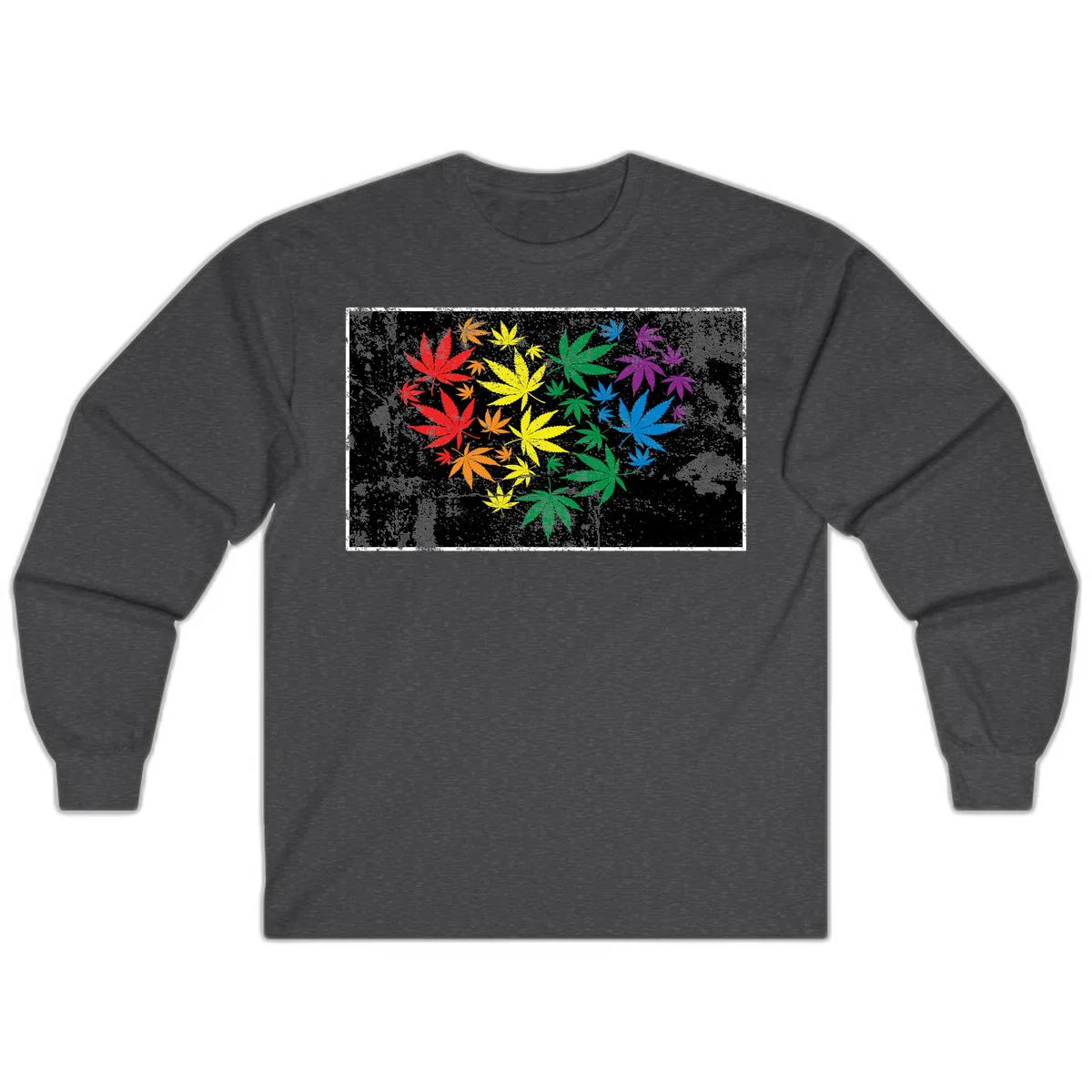 Rainbow cannabis leaves in red, orange, yellow, green, blue, and purple arranged on distressed black background in Dark Heather