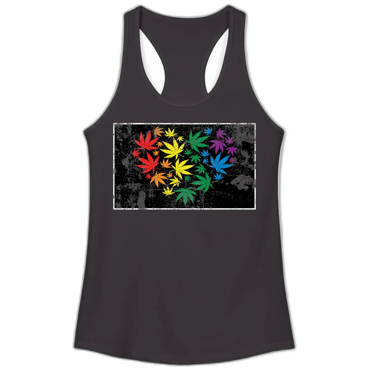 Rainbow cannabis leaves in red, orange, yellow, green, blue, and purple arranged on distressed black background in Black