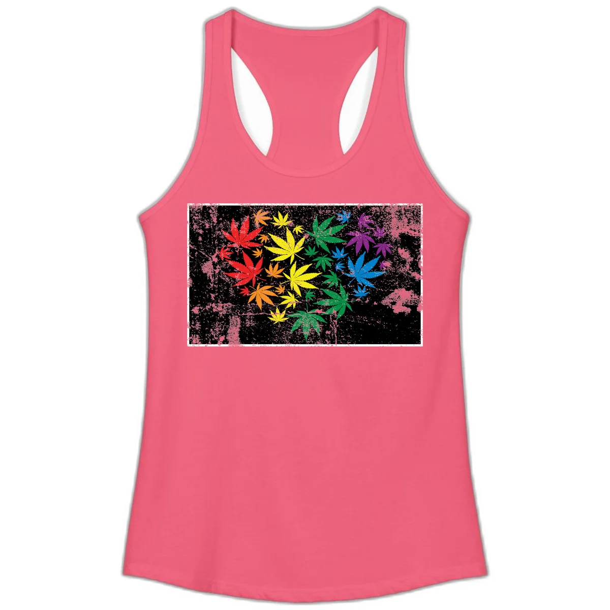 Rainbow cannabis leaves in red, orange, yellow, green, blue, and purple arranged on distressed black background in Hot Pink