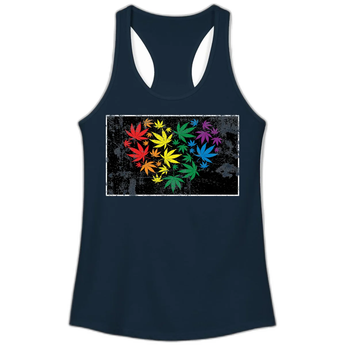 Rainbow cannabis leaves in red, orange, yellow, green, blue, and purple arranged on distressed black background in Solid Midnight Navy
