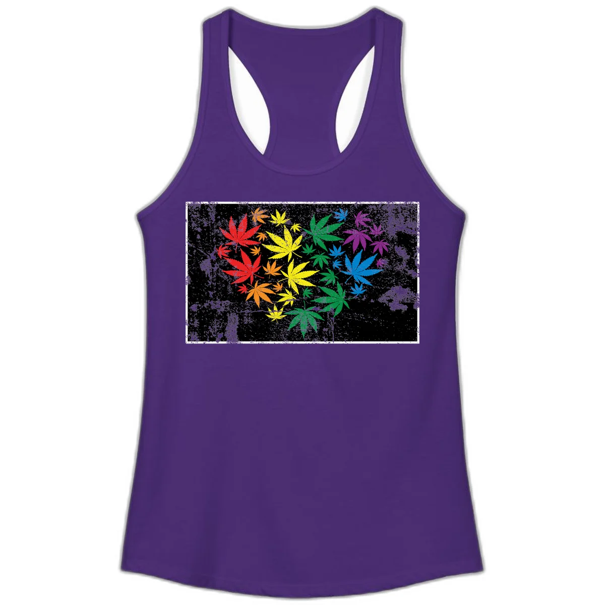 Rainbow cannabis leaves in red, orange, yellow, green, blue, and purple arranged on distressed black background in Solid Purple Rush