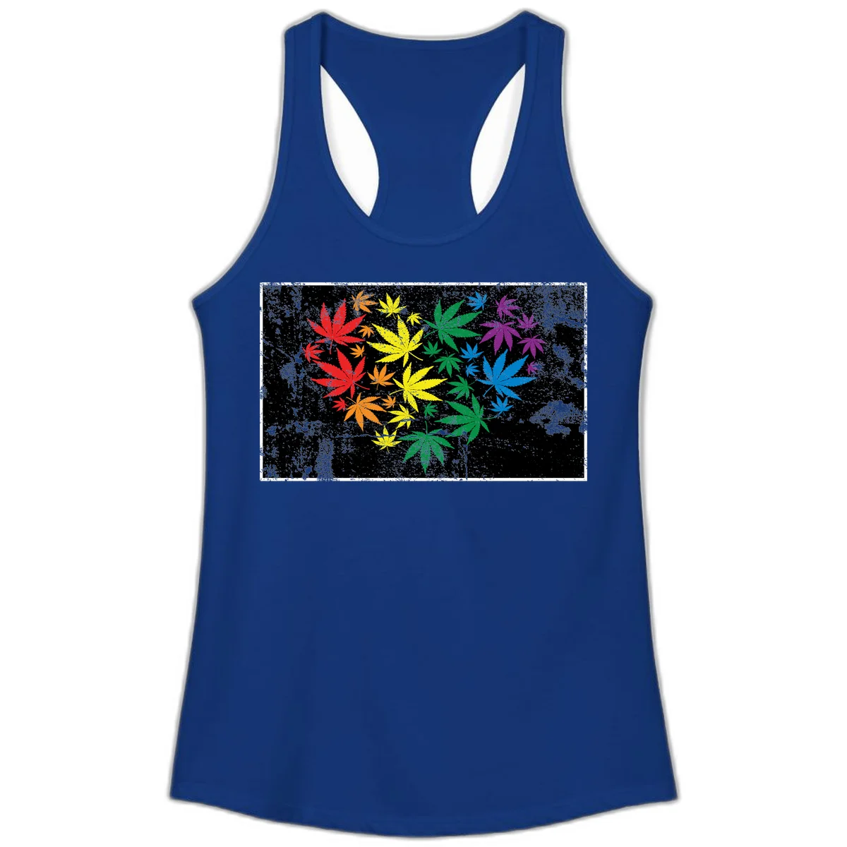 Rainbow cannabis leaves in red, orange, yellow, green, blue, and purple arranged on distressed black background in Solid Royal