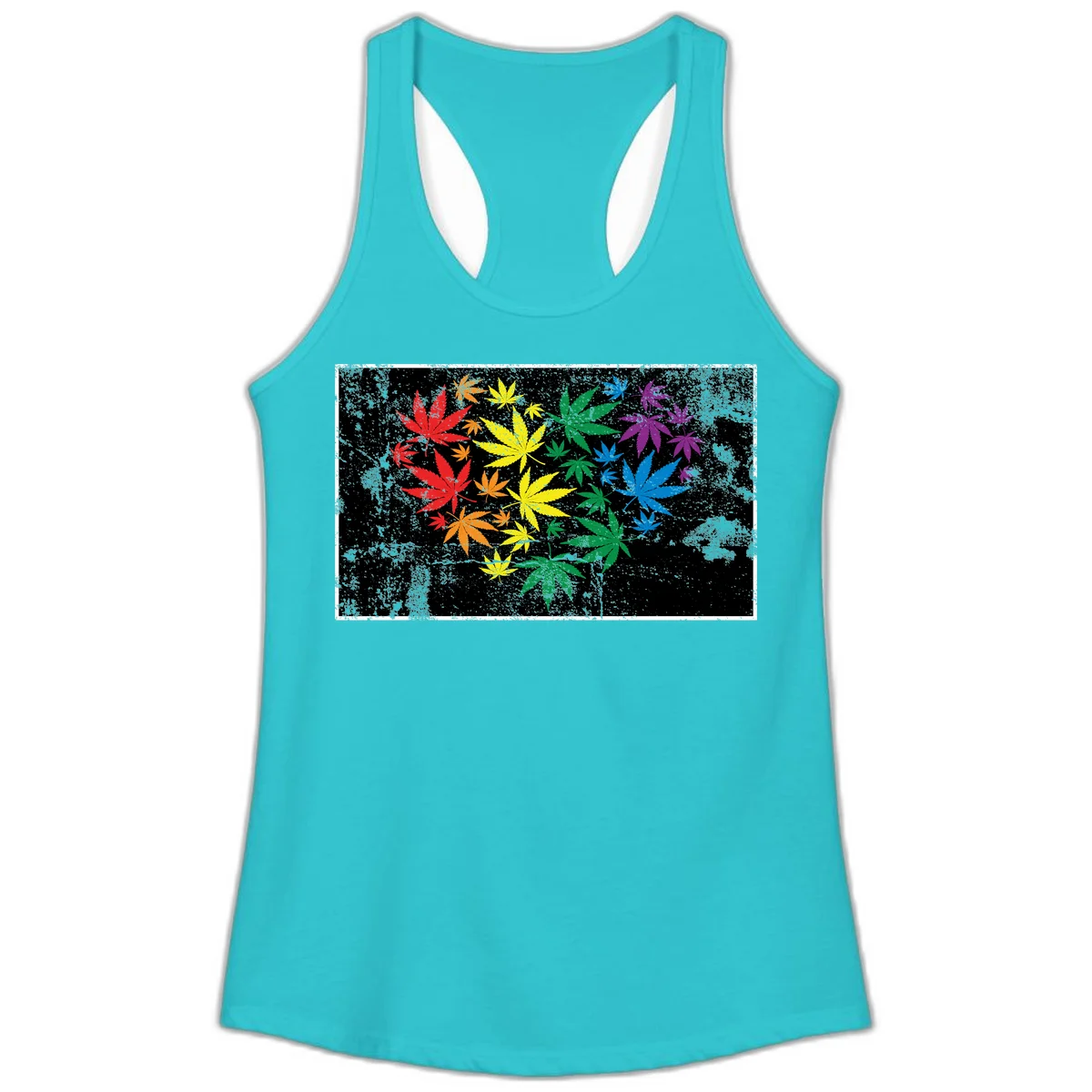 Rainbow cannabis leaves in red, orange, yellow, green, blue, and purple arranged on distressed black background in Solid Tahiti Blue