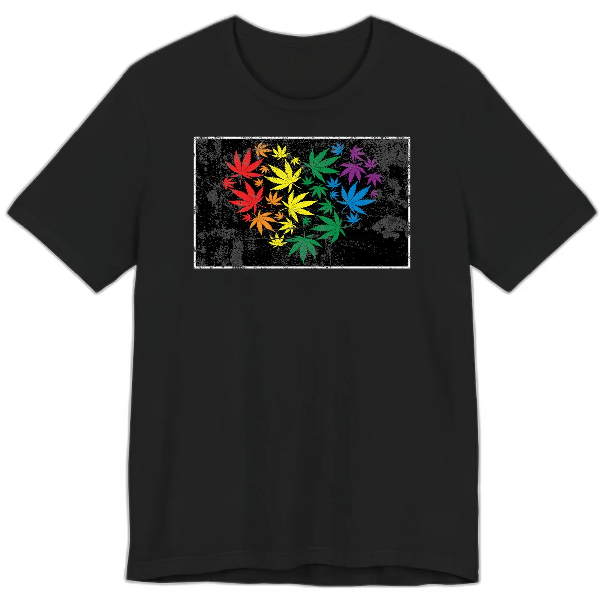 Rainbow cannabis leaves in red, orange, yellow, green, blue, and purple arranged on distressed black background in Black