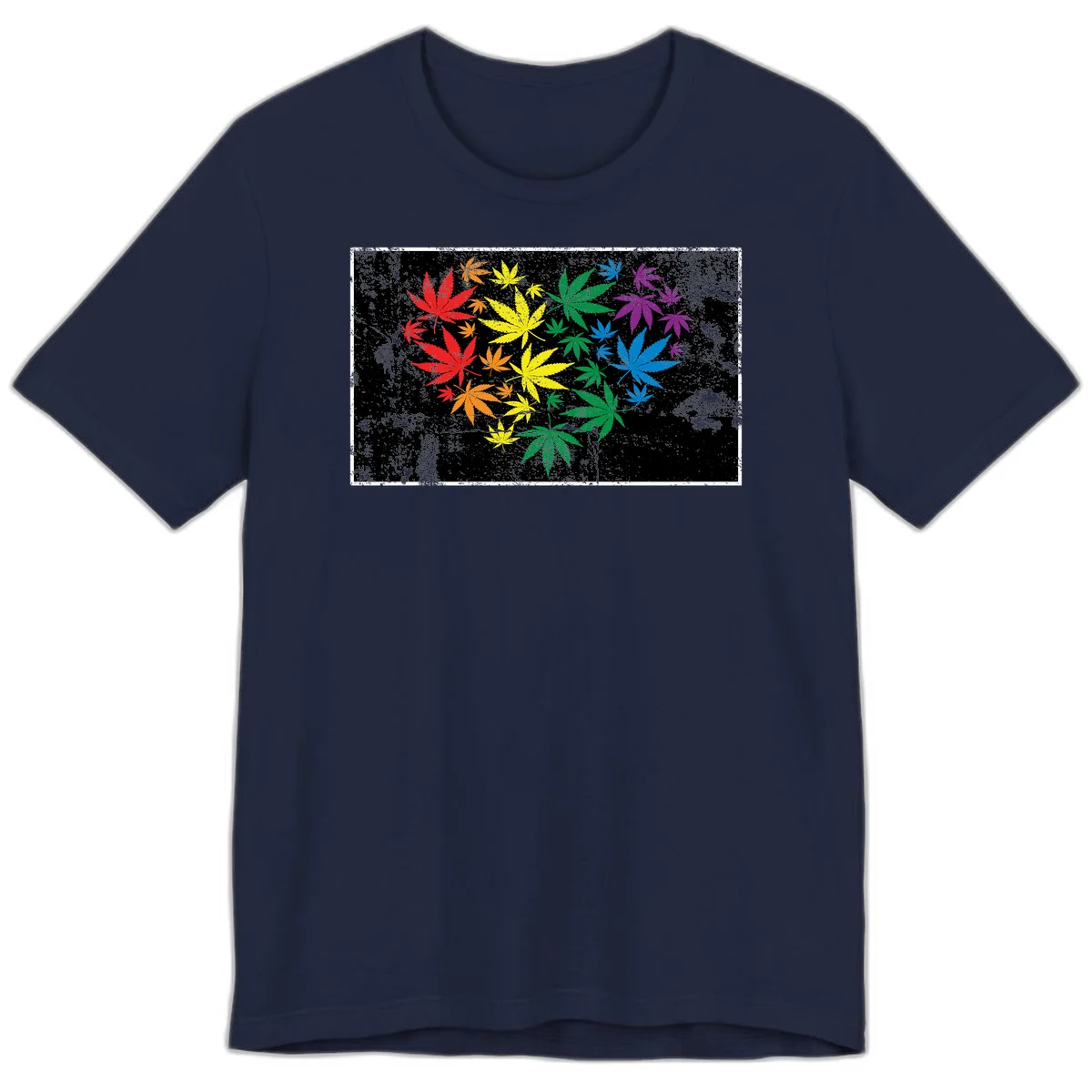 Rainbow cannabis leaves in red, orange, yellow, green, blue, and purple arranged on distressed black background in Navy