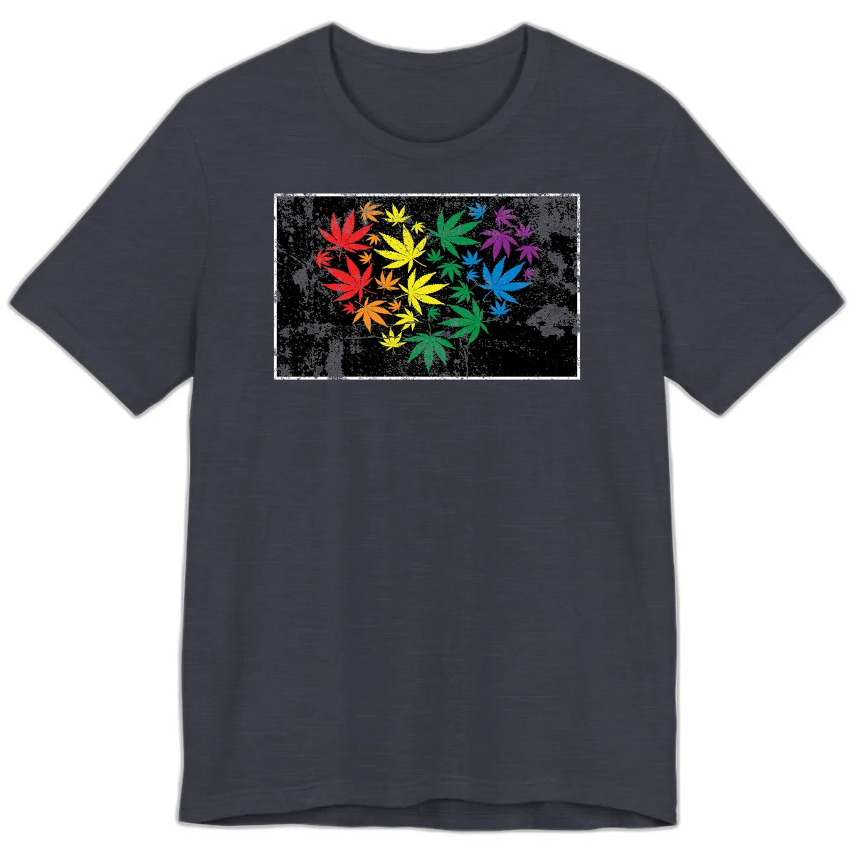 Rainbow cannabis leaves in red, orange, yellow, green, blue, and purple arranged on distressed black background in Heather Midnight Navy