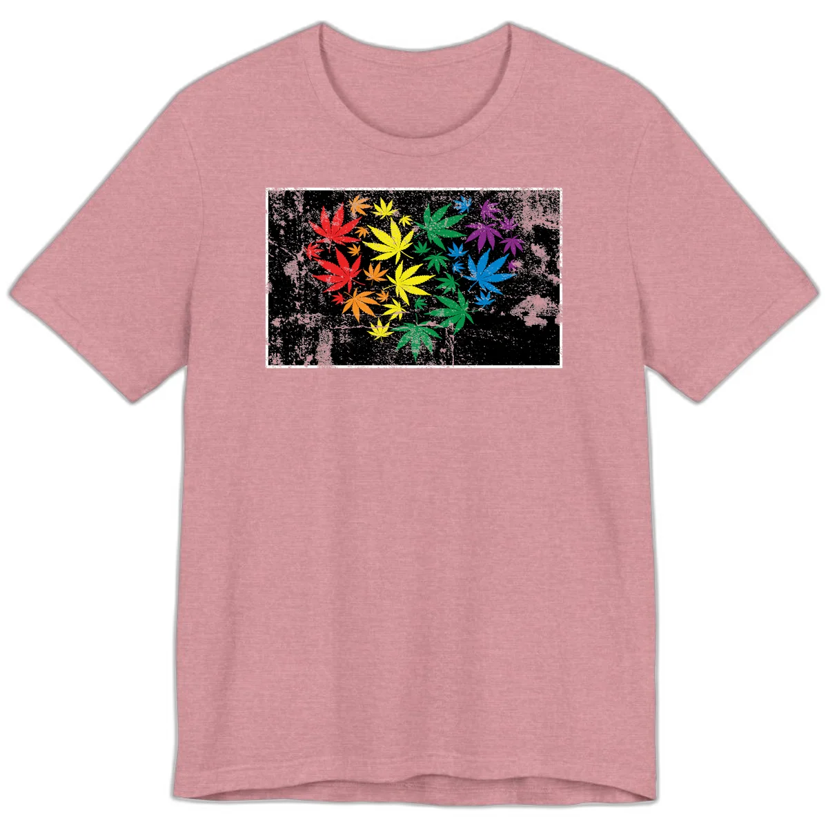 Rainbow cannabis leaves in red, orange, yellow, green, blue, and purple arranged on distressed black background in Heather Orchid