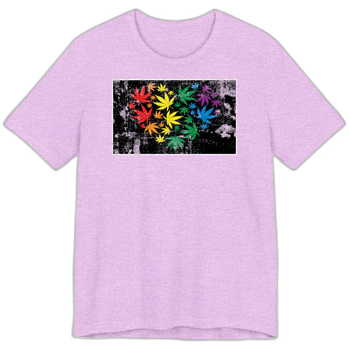 Rainbow cannabis leaves in red, orange, yellow, green, blue, and purple arranged on distressed black background in Heather Prism Lilac