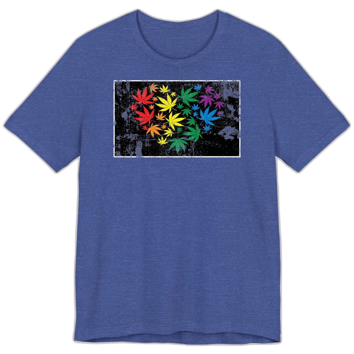 Rainbow cannabis leaves in red, orange, yellow, green, blue, and purple arranged on distressed black background in Heather True Royal