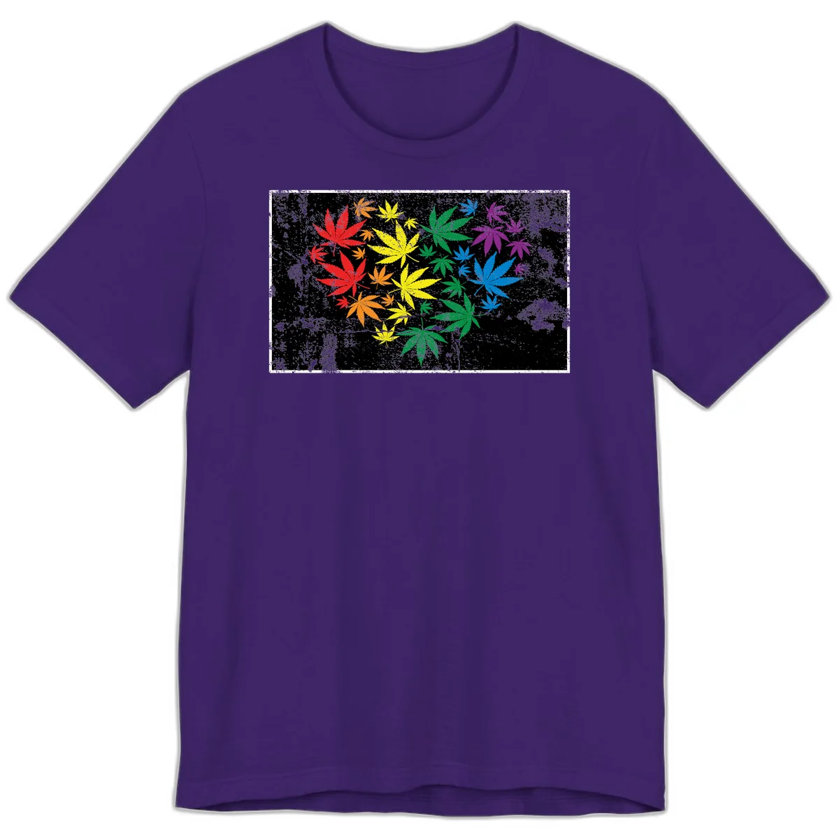Rainbow cannabis leaves in red, orange, yellow, green, blue, and purple arranged on distressed black background in Team Purple