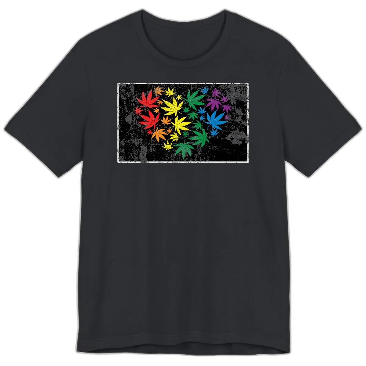 Rainbow cannabis leaves in red, orange, yellow, green, blue, and purple arranged on distressed black background in Vintage Black
