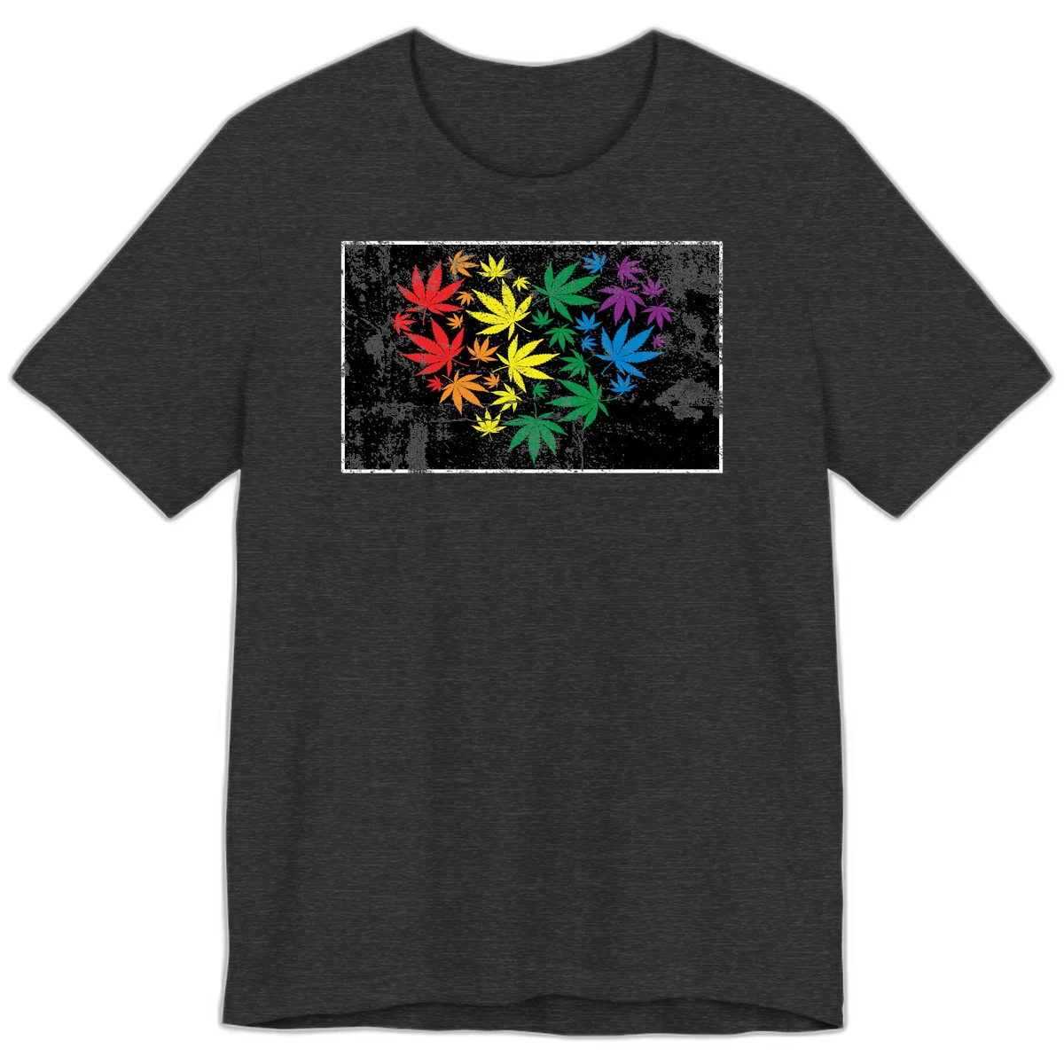 Rainbow cannabis leaves in red, orange, yellow, green, blue, and purple arranged on distressed black background in Dark Grey Heather