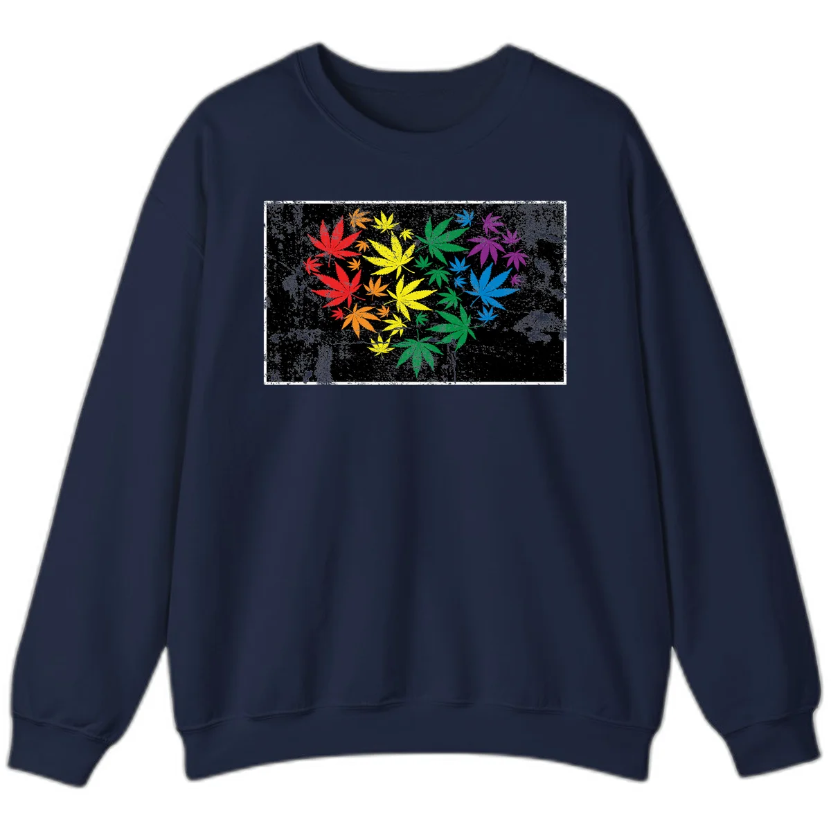 Rainbow cannabis leaves in red, orange, yellow, green, blue, and purple arranged on distressed black background in Navy