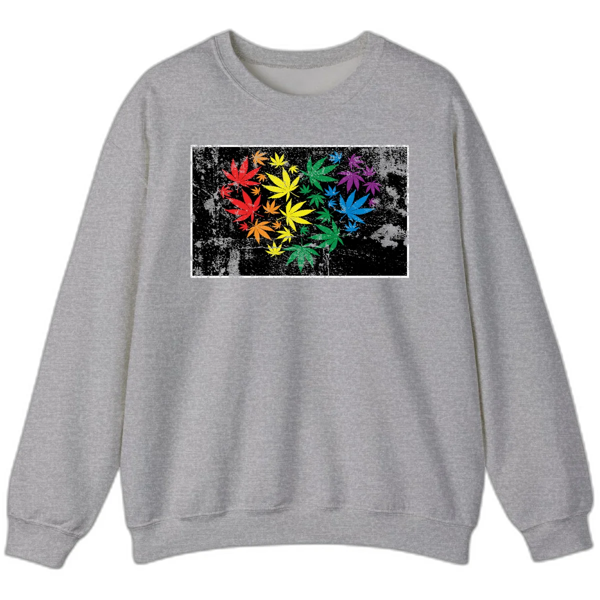 Rainbow cannabis leaves in red, orange, yellow, green, blue, and purple arranged on distressed black background in Sport Grey